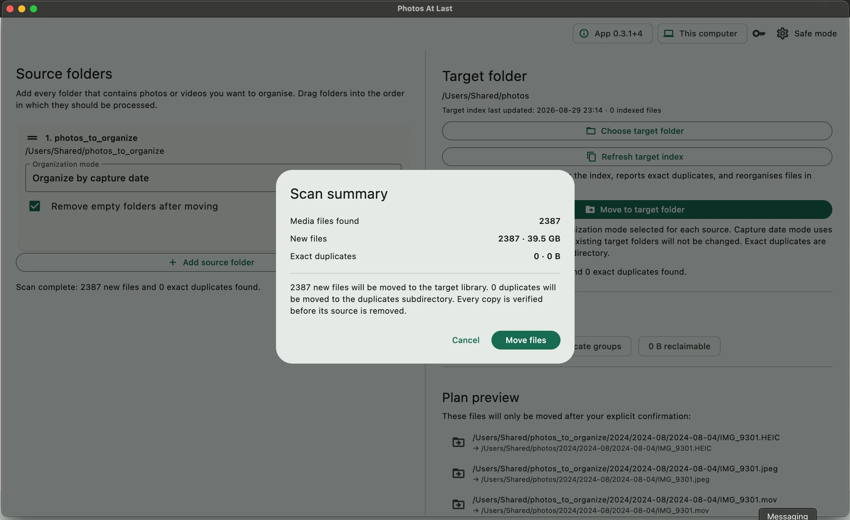 Photos At Last scan summary showing new files and exact duplicates before files are moved